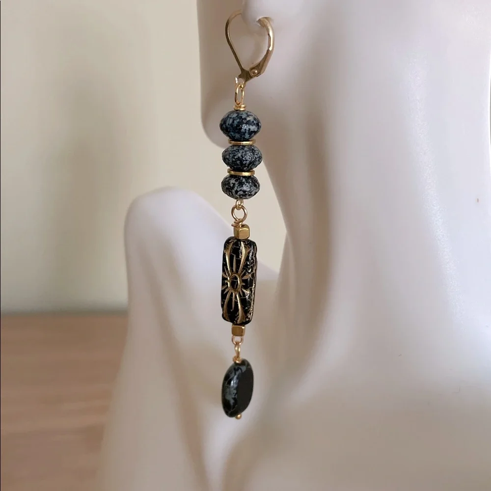HAND CRAFTED CZECH GLASS EARRINGS Black Gold Long Bohemian Dangles
